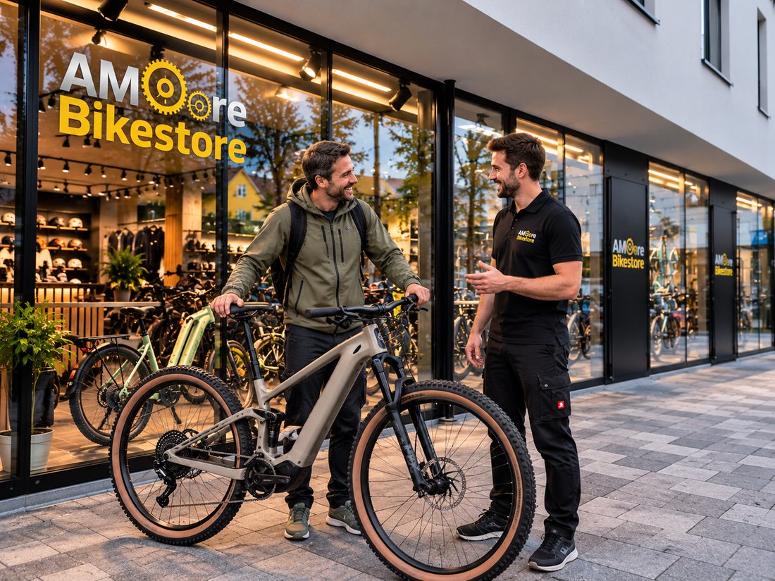 Kunde mit neuem E-Bike vor dem AMoore Bikestore