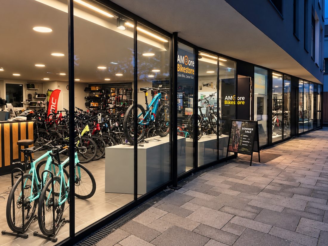 AMoore Bikestore – Neubau mit großer Glasfront in der Färberstraße 3, Oberndorf