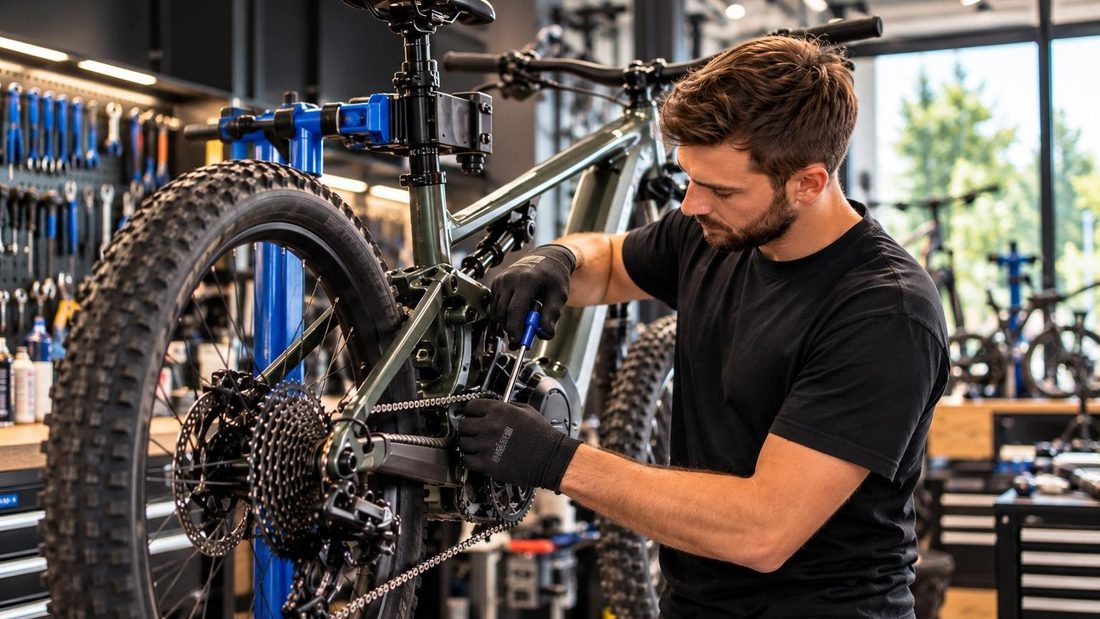 Mechaniker beim Service eines E-Mountainbikes in der AMoore Werkstatt